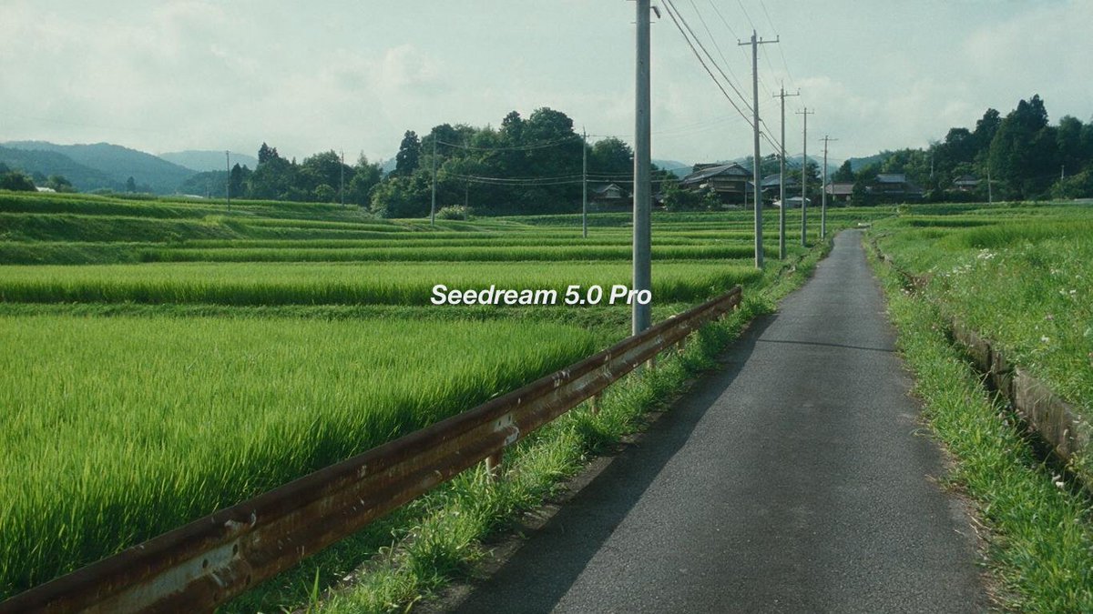 电影风格静态帧， 夏季日本乡村稻田景观， 沿狭窄农田道路拍摄的四分之三角度视角， 阴沉沉的淡色天空下翠绿色的稻田， 向远方延伸的电线杆， 去饱和度，略微偏冷的色彩分级， 柔和对比度， 偏离中心...