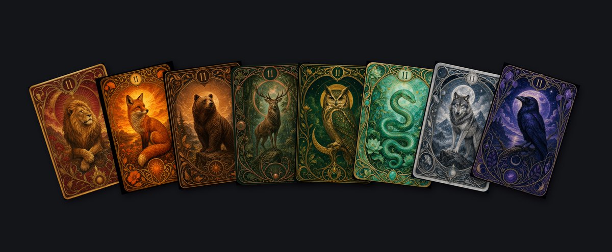 一张塔罗牌。顶部数字：sum(3, 8)。中央动物：pick("wolf", "owl", "lion", "stag", "raven", "serpent", "bear", "fox")...