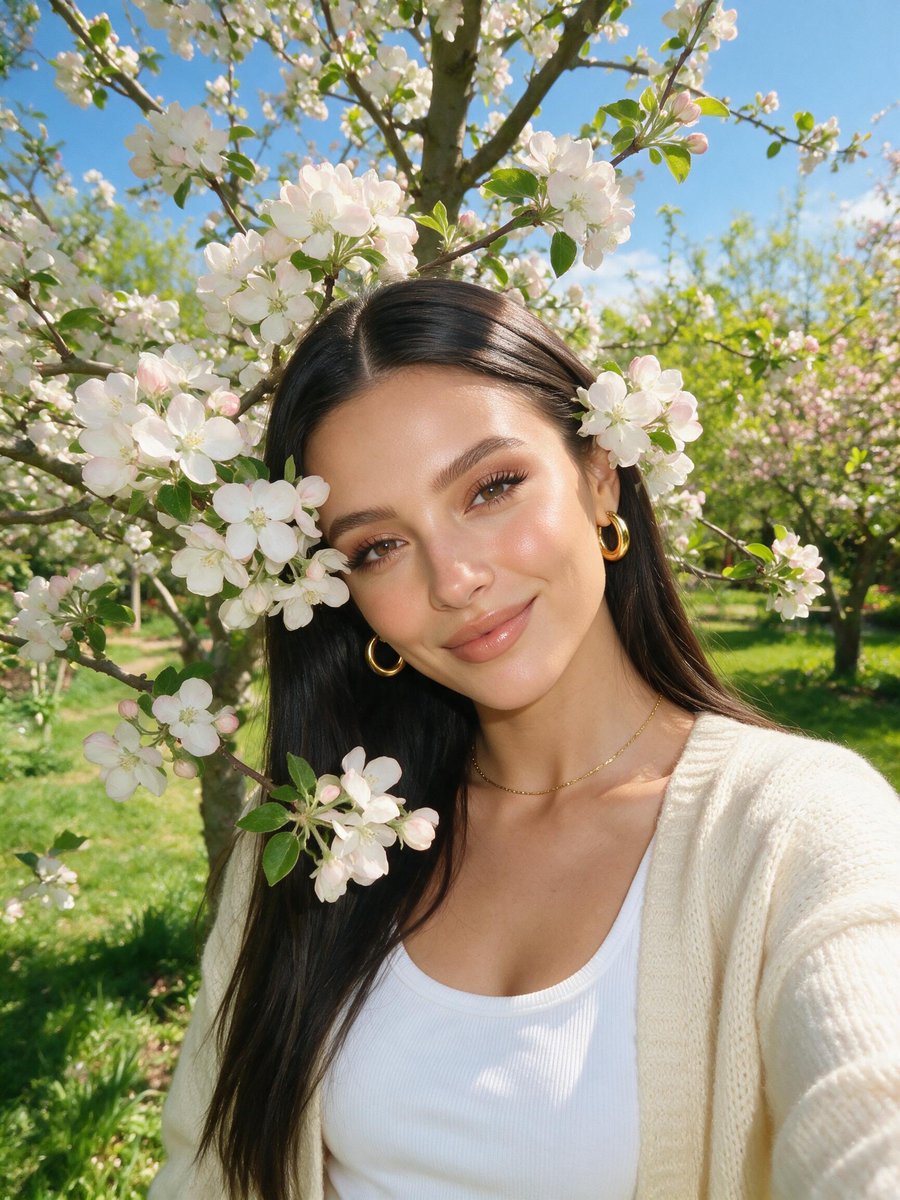 阳光下的户外自拍风格肖像：一位年轻女子站在盛开的苹果树下，白色与粉色的花朵点缀在画面中，部分花朵遮住她的脸庞。她将头轻轻倚在自己的肩膀上，以柔和而俏皮的笑容望向镜头。头发顺直长及肩后，中分造型...