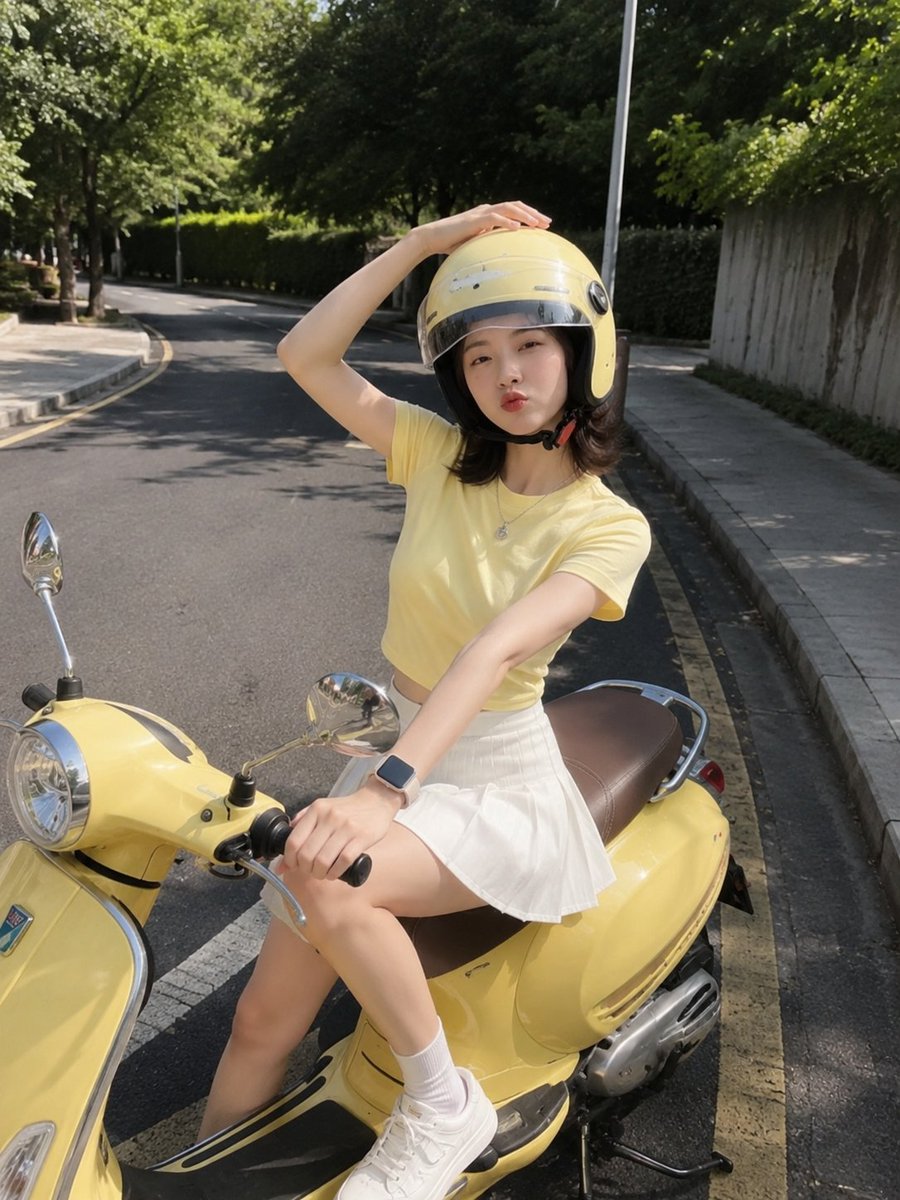 超写实的智能手机照片，看起来确实是手机拍摄的，而不是单反或 AI 渲染的。一位开朗的东亚年轻女子侧坐在一辆停在安静阳光道路上的柔和黄色复古风格踏板车上。她对着手机镜头灿烂地微笑，一只手比着胜利...