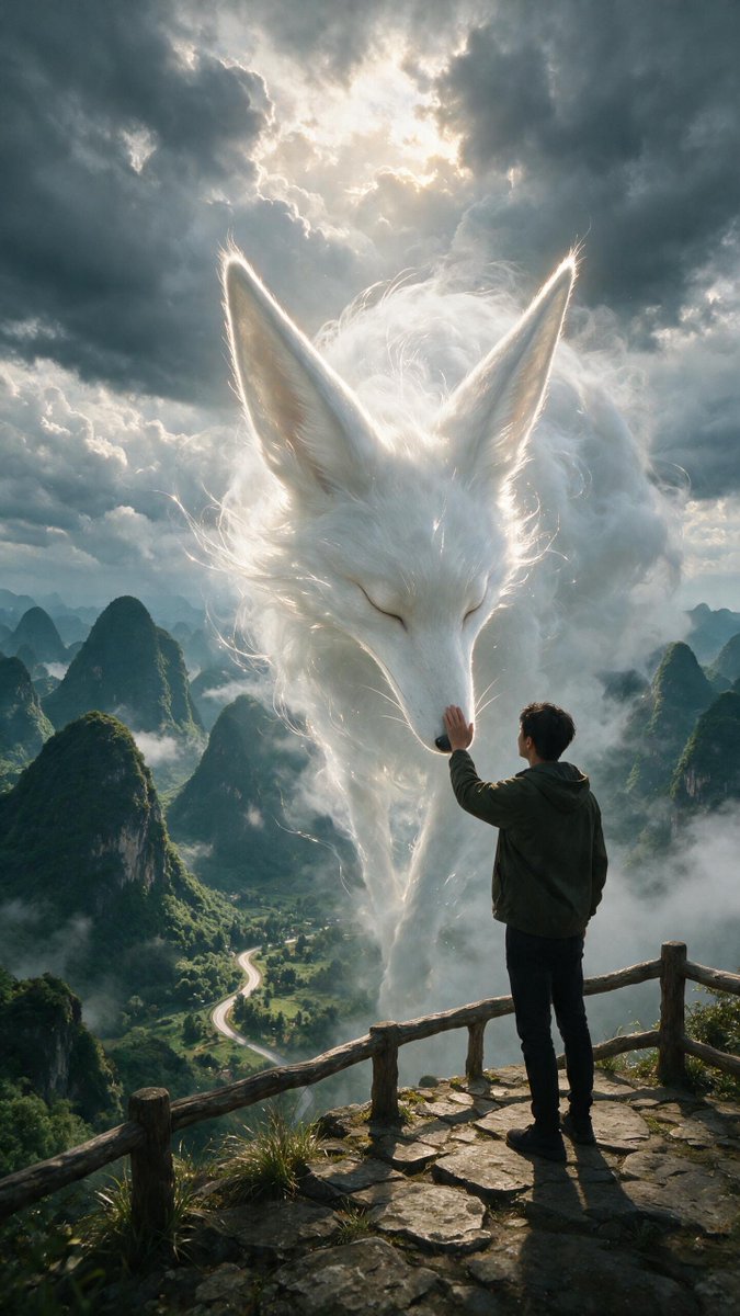 一个电影般的奇幻场景，采用略微偏低的过肩视角。一名孤独的年轻男子站在一个风化的石质山间观景台上，围有质朴的木质栏杆，镜头主要从其身后拍摄，他身穿深橄榄绿色的连帽夹克、黑色长裤和黑色鞋子。他平静...