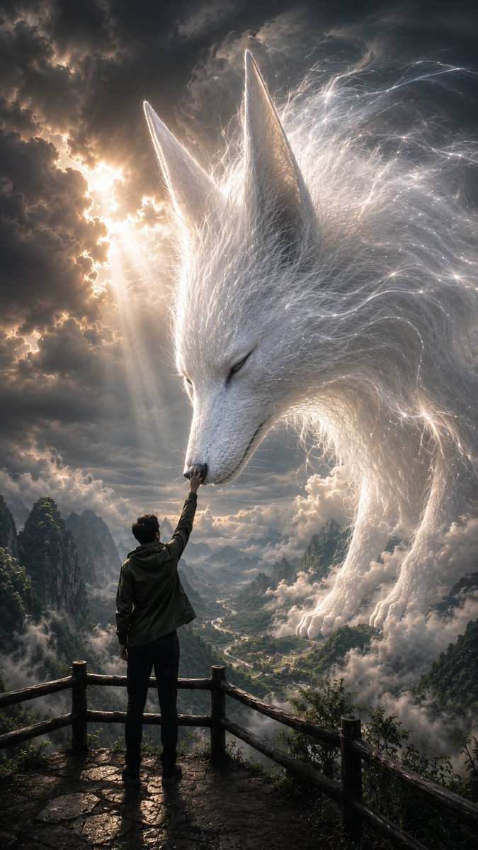 一个电影般的奇幻场景，采用略微偏低的过肩视角。一名孤独的年轻男子站在一个风化的石质山间观景台上，围有质朴的木质栏杆，镜头主要从其身后拍摄，他身穿深橄榄绿色的连帽夹克、黑色长裤和黑色鞋子。他平静...
