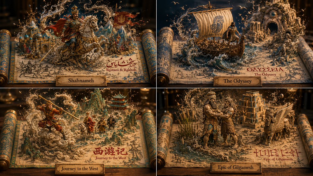 2x2 网格, 16:9, 对《列王纪》(Shahnameh)及其他 3 本公共领域无版权书籍执行此操作:粒子: - 墨水粒子(50,000 个)沉降在卷轴表面,通过被场景轮廓吸引而形成 2D...