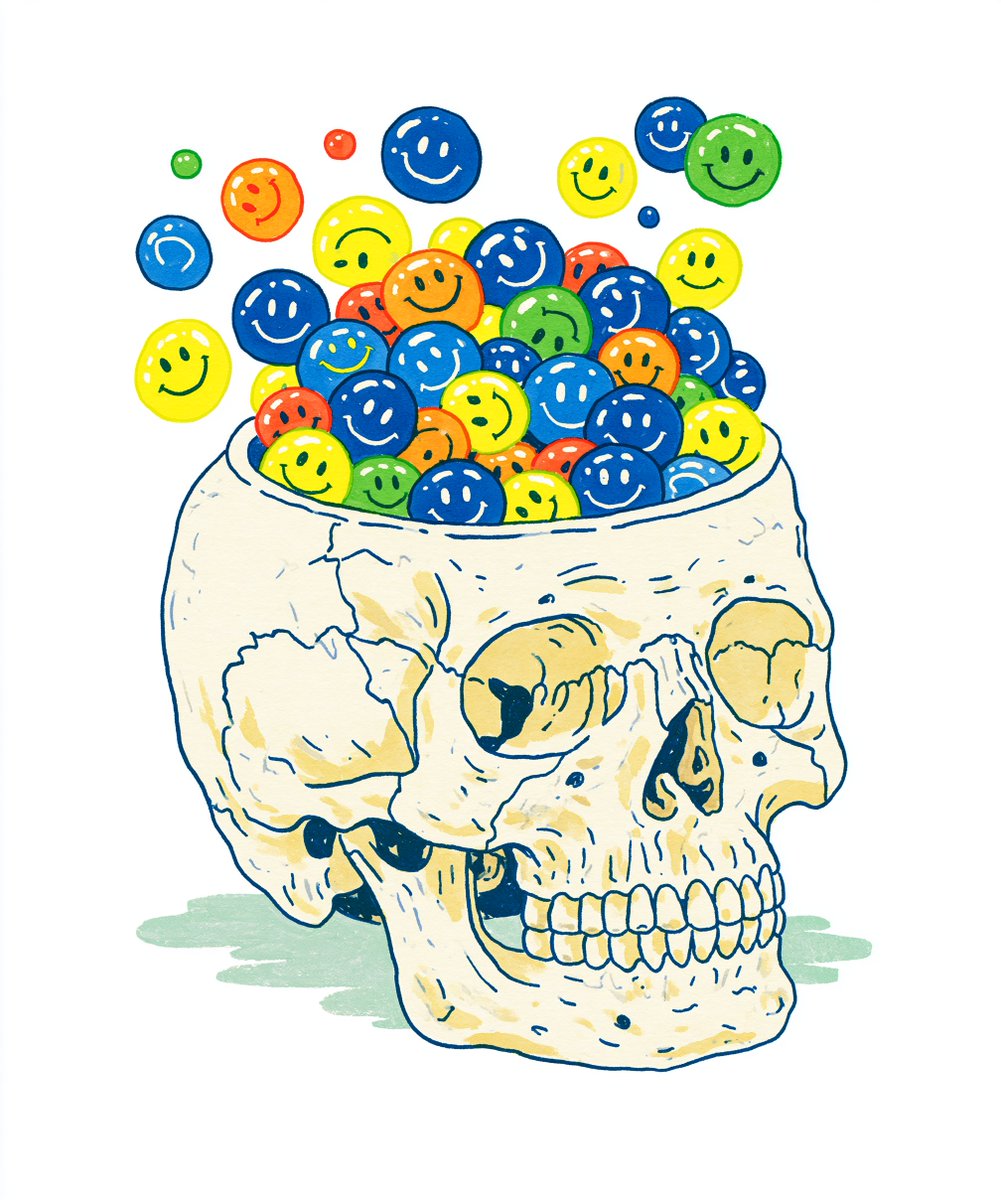 一幅高度精细的人体头骨插画，具有逼真的骨骼纹理、发丝般的细微裂纹以及完整清晰的下颌骨，呈四分之三视角。头骨顶部像盖子一样被干净利落地掀开，露出从颅腔中溢出的混乱一团色彩鲜艳、光泽锃亮的表情符号...