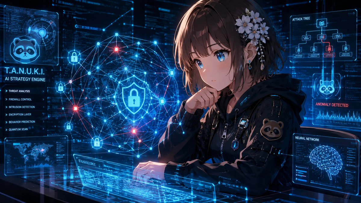 1girl, tanuki girl, cyber security, hacker, AI, strategy, thinking, serious expression, digital...