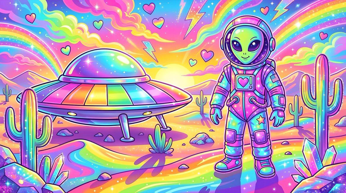 一个孤独的外星人穿着复古银色太空服，站在他光滑的铬制飞碟旁，置身于广袤的沙漠中，前景是高大的仙人掌和散落的岩石，发光橙色和紫色的日落天空配以戏剧性的云彩，漫长的阴影延伸在沙地上。