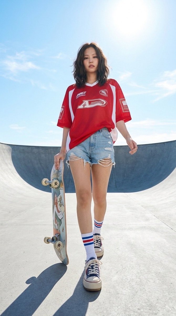 subject_and_outfit_formula:一位时尚的年轻东亚女性,神情自信且酷感十足,深色齐肩秀发被微风轻轻拂动。她身穿一件宽松的复古风格红色运动球衣,侧边带有白色拼接,胸前印有醒...