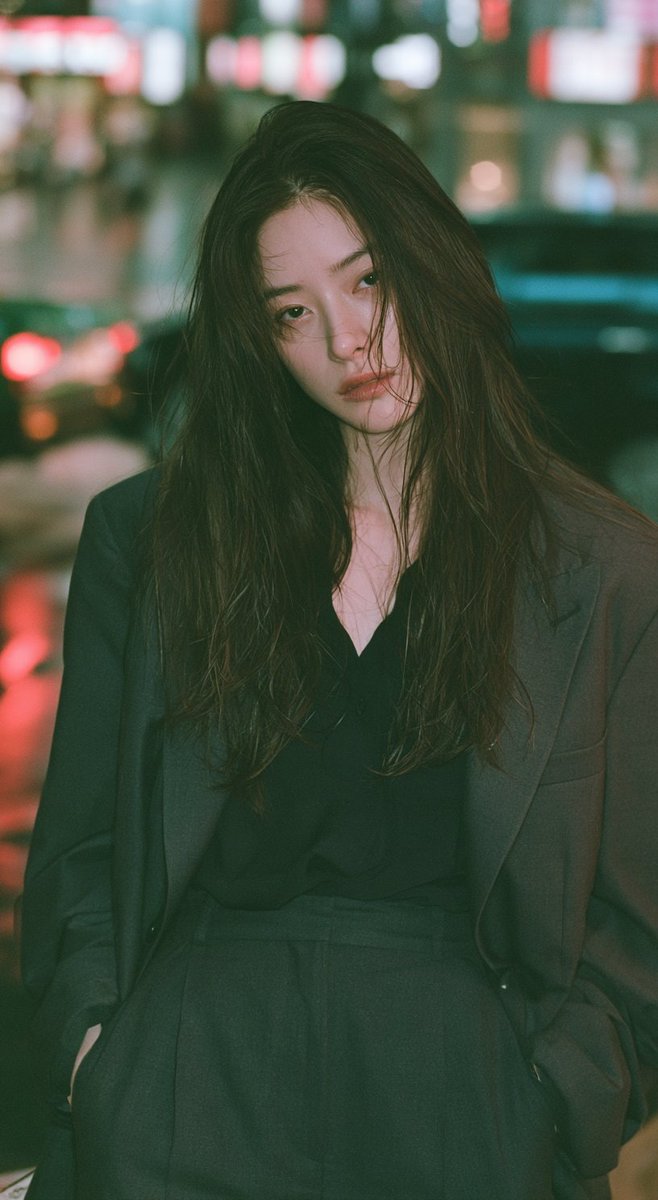 一位20多岁、妩媚动人的日本或韩国女性。娇小精致的身材，紧凑考究的比例，纤弱如偶像般的轮廓，优雅的小骨架气质。栗棕色湿感长波浪卷发，湿润分明的发丝。身穿整洁的衬衫或内搭上衣，搭配高腰定制西裤和...