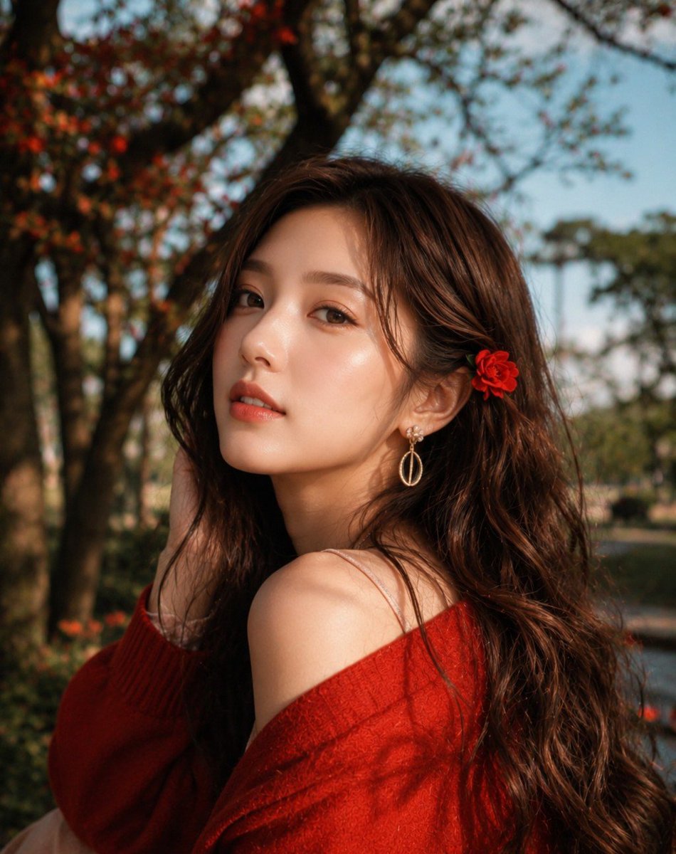 超写实 DSLR 人像摄影：一位美丽的年轻东亚女性在黄金时段坐在户外一棵盛开的树下，回眸直接望向镜头，神情平静而梦幻。她拥有自然波浪状的深棕色长发，垂落在背部，一朵鲜艳的小红花别在一只耳朵后面...