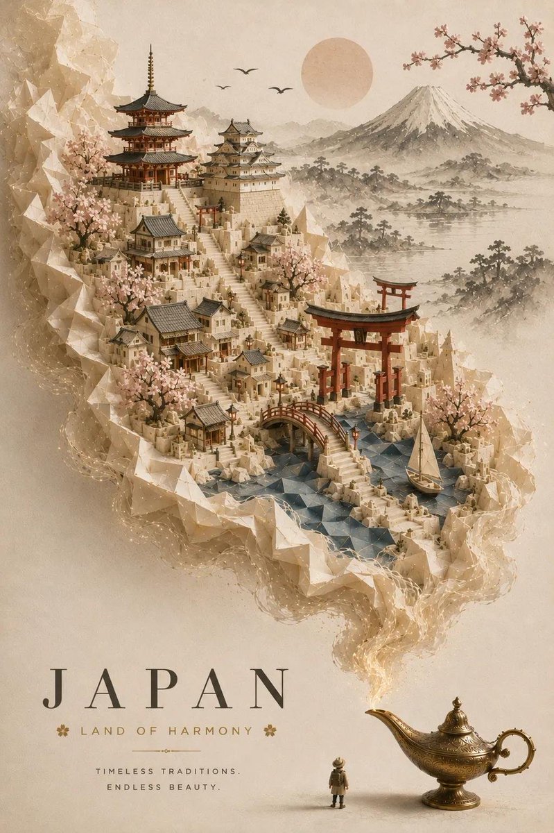 创作一幅优雅、高级感的旅行海报，画面右下角放置一盏华丽的古董黄铜神灯，散发着璀璨光芒的烟雾中浮现出[国家 / 城市 / 目的地]的神奇微缩世界。烟雾逐渐幻化成一个由纸张、石头和大理石雕琢而成的...