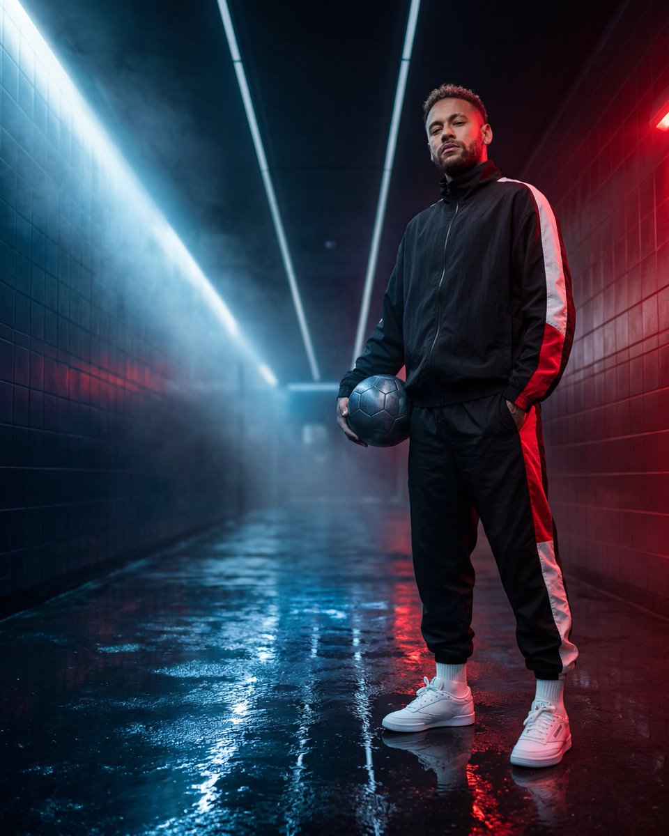 创建一张超电影感、超写实的足球主题编辑级人物肖像，主体为 [SUBJECT / FOOTBALL PLAYER]，必须严格保留上传参考图中主体的面部身份、面部比例、肤色、发型、发际线、胡须或面...