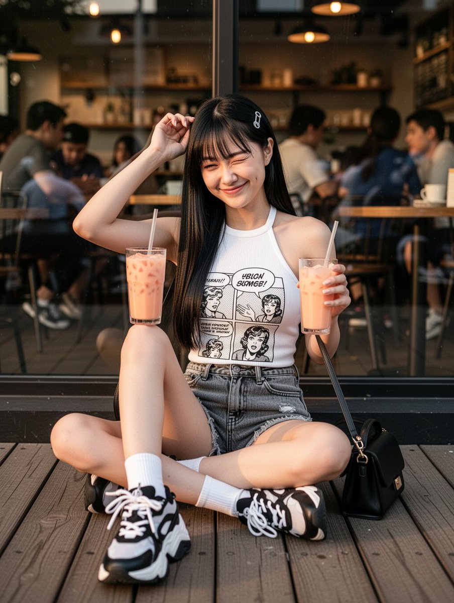 随性智能手机社交媒体照片，竖向 3:4。一名年轻女子随意地坐在一间木质咖啡馆露台上，身前是一扇大窗户，一只眼睛俏皮地眨眼、带着顽皮的笑容，留着配有小小发夹的黑色长直发与几缕碎刘海。她身穿一件修...