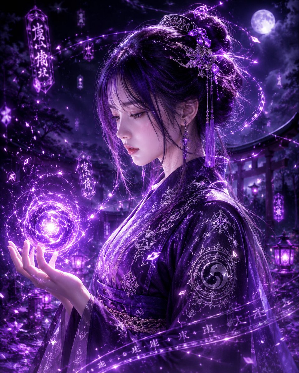 一位神秘東方陰陽師少女站立於夜色之中， 精緻絕美側臉， 白皙細膩肌膚， X色柔順長髮， 空氣瀏海， 低盤髮造型， 臉側自然垂落細碎髮絲， 冷靜而...