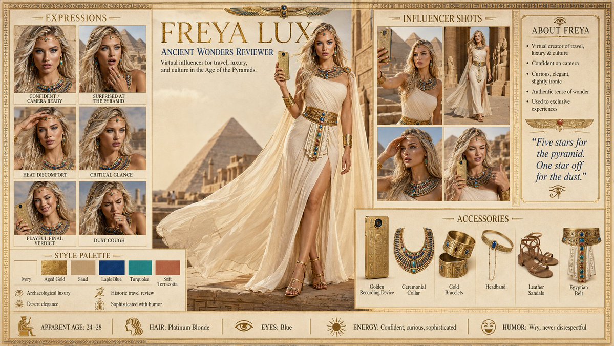 为了让 Freya 的脸庞、服装,甚至她那部金色智能手机在不同镜头和光线下保持完美一致,我将这张极其详细的角色设定表(Character Sheet)直接输入到了 AI 中。将她特定的表情和配...
