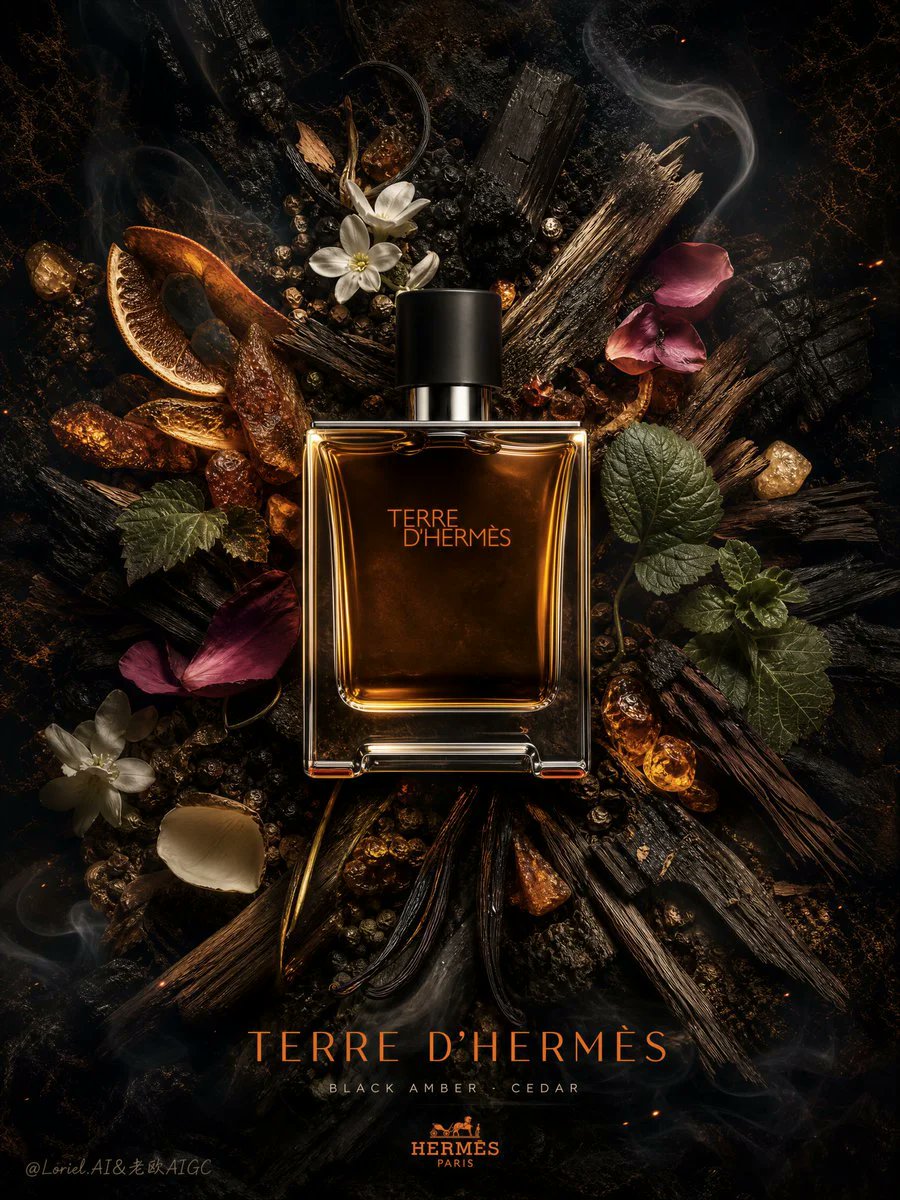为爱马仕大地（Terre d’Hermès）创作一张超高端香氛海报，采用完美俯拍平铺构图，具备极致写实感、强烈的材质对比，以及暗黑琥珀雪松的权威氛围。画面必须呈现出深邃、烟感、木质、高贵且极度...