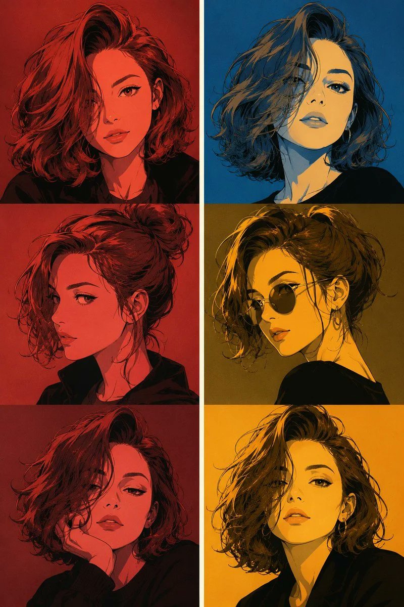 在一块纵向画布上创作一幅三联画式平面海报，整块画布由三个水平面板组成，每个面板中出现同一个日式漫画风格的角色。保持面部、眼睛、鼻子、嘴巴、脸型、年龄和发色完全一致，仅像专业角色设定表那样改变发...