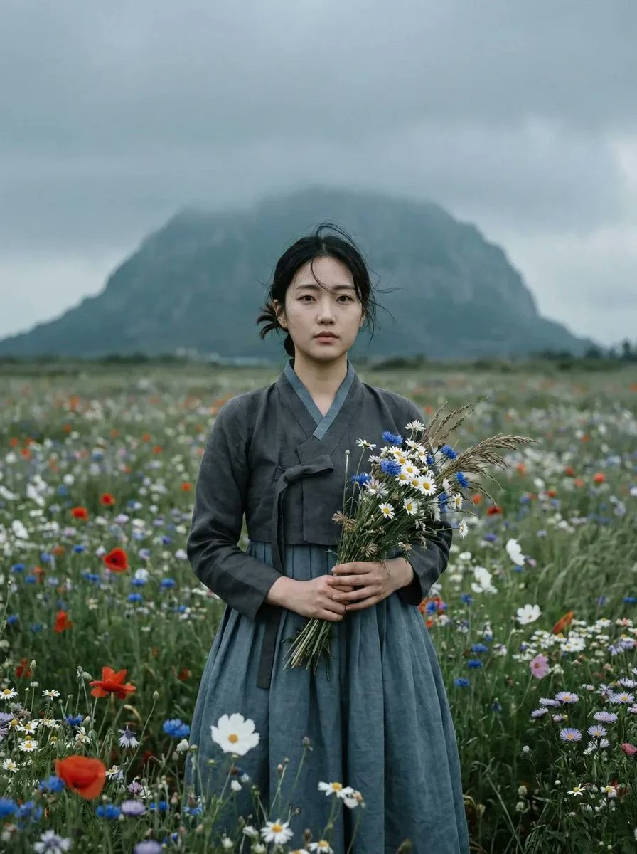 电影感超写实肖像：一位年轻东亚女性独自站在广阔的野花草地中央。画面中她居中，正面直视镜头，表情平静而内敛。她身着传统韩国韩服，色调为柔和的炭灰与淡蓝，面料质感自然，褶皱细腻。她的深色头发松松地...