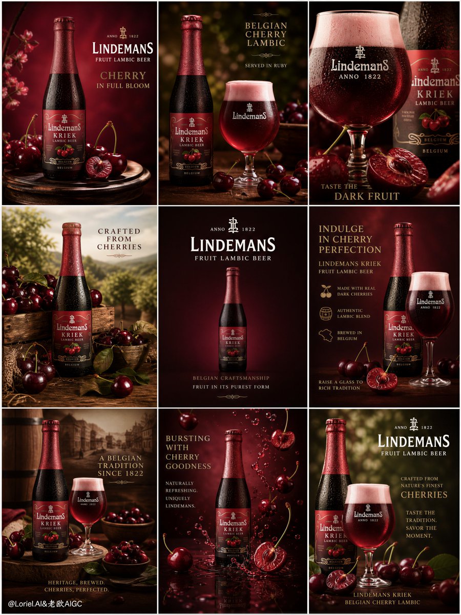 通用啤酒广告，伪造的 Lindemans 标签，产品设计不一致，玻璃杯细节粗糙，随机水果搭配盖过樱桃，画面板块杂乱，字体排版混乱，阴影浑浊发糊，黑色斑块，暗部噪点多，廉价超市传单观感，品牌形象...