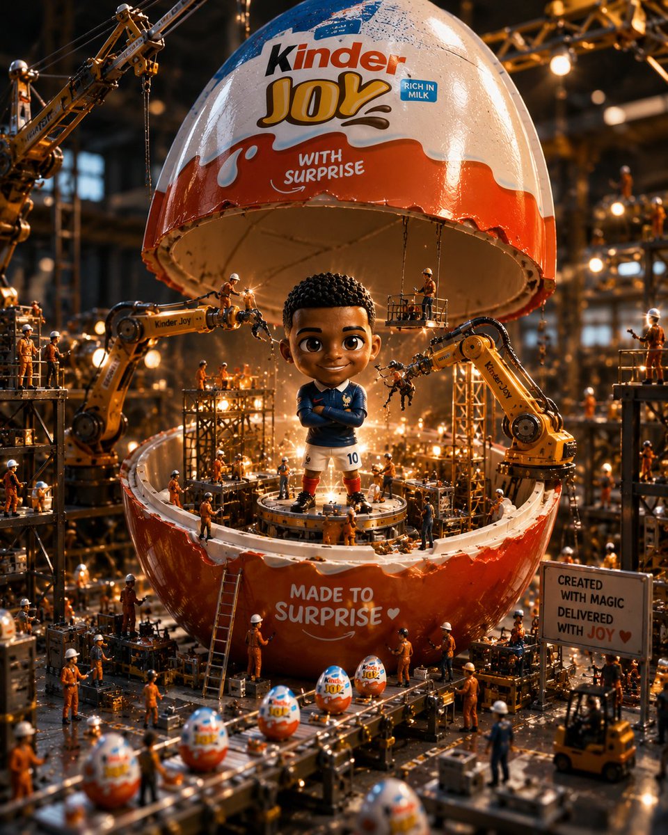 创作一幅超写实、搞笑且高品质的“Kinder Joy 收藏家版”广告，画面中包含 [Uploaded Character Reference]。 在一个超写实的迷你玩具工厂里，摆放着一颗巨大的...