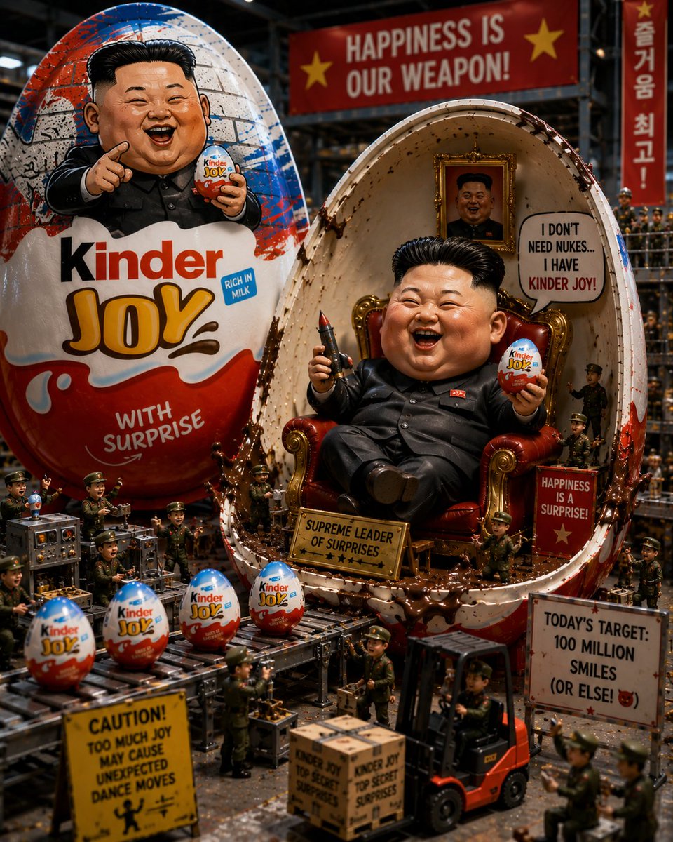 创作一幅超写实、搞笑且高品质的“Kinder Joy 收藏家版”广告，画面中包含 [Uploaded Character Reference]。 在一个超写实的迷你玩具工厂里，摆放着一颗巨大的...