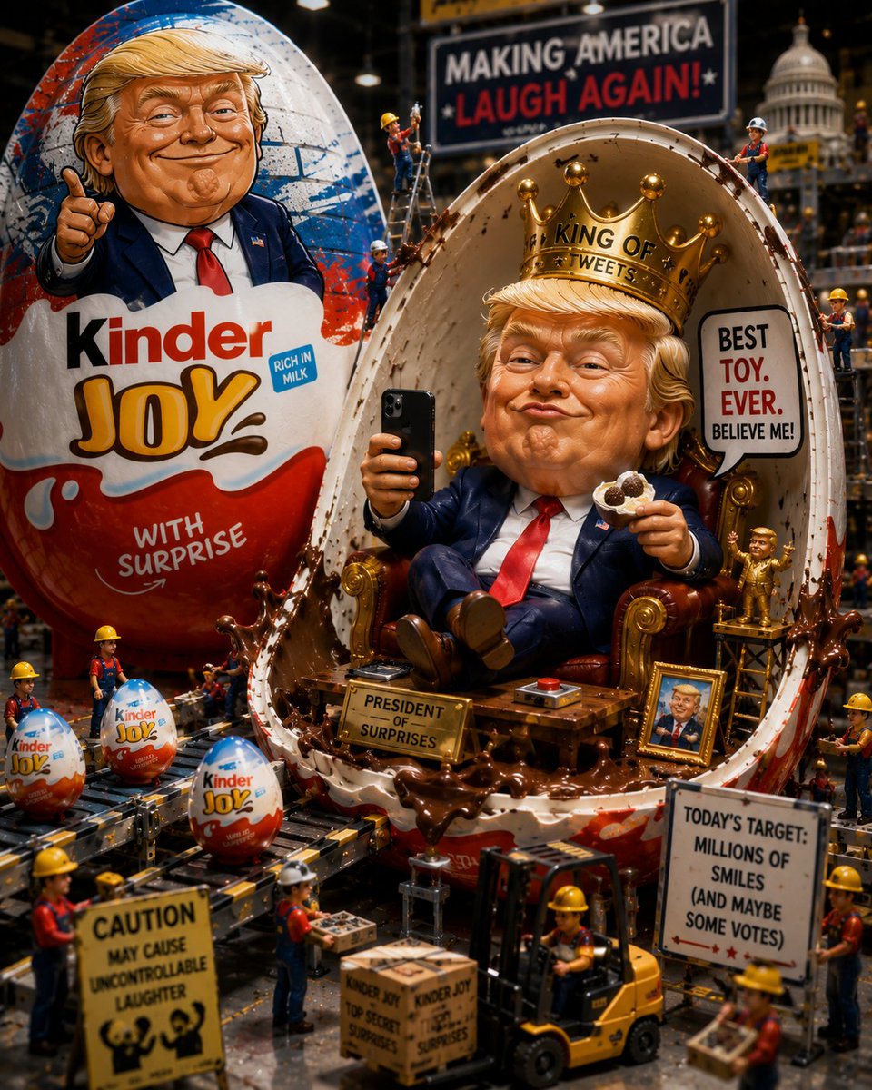 创作一幅超写实、搞笑且高品质的“Kinder Joy 收藏家版”广告，画面中包含 [Uploaded Character Reference]。 在一个超写实的迷你玩具工厂里，摆放着一颗巨大的...