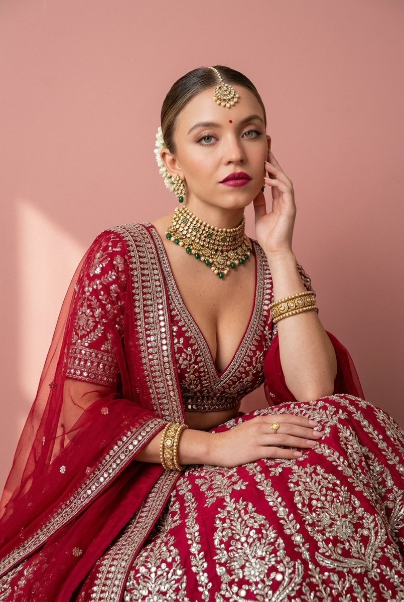 婚纱造型氛围 Sydney Sweeney、Kiara Advani 对比 Disha Patni 通过 Hailuo 使用 Nano Banana pro 工作室中景人像摄影，一位身着传统印...
