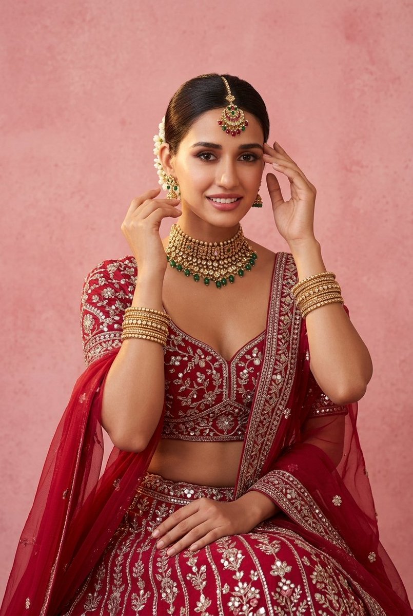 婚纱造型氛围 Sydney Sweeney、Kiara Advani 对比 Disha Patni 通过 Hailuo 使用 Nano Banana pro 工作室中景人像摄影，一位身着传统印...