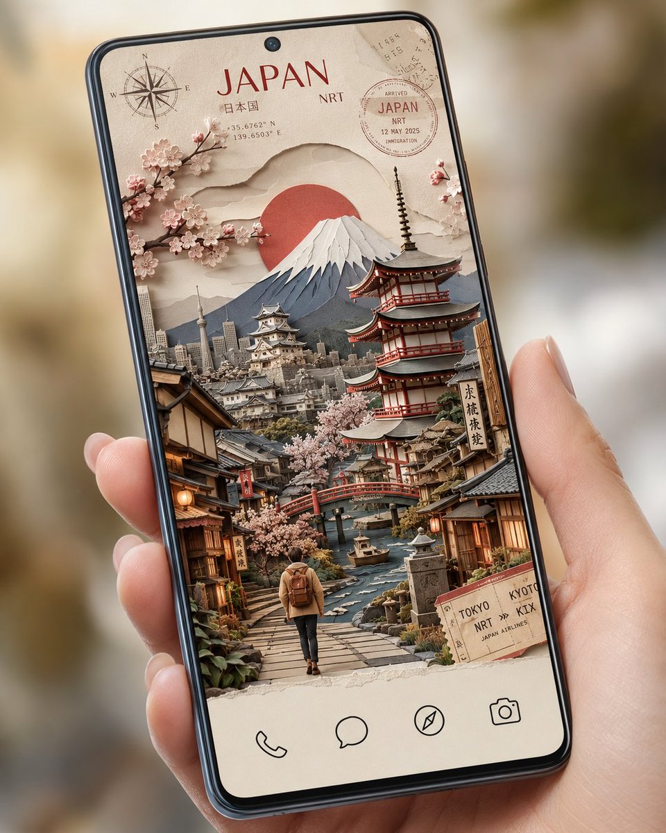 创建一个高级智能手机主屏幕壁纸，风格为高度精细的3D纸艺立体场景。 目的地为 [DESTINATION NAME]。 以分层剪纸艺术的形式展示该目的地最具标志性的地标、建筑、景观、街道和文化元...