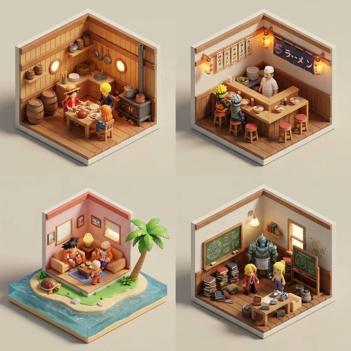 2×2网格，对4部著名漫画执行以下操作：RENDER_CHAIN = "[$INPUT_TOPIC :: iconic_interior :: isometric_cutaway_dioram...