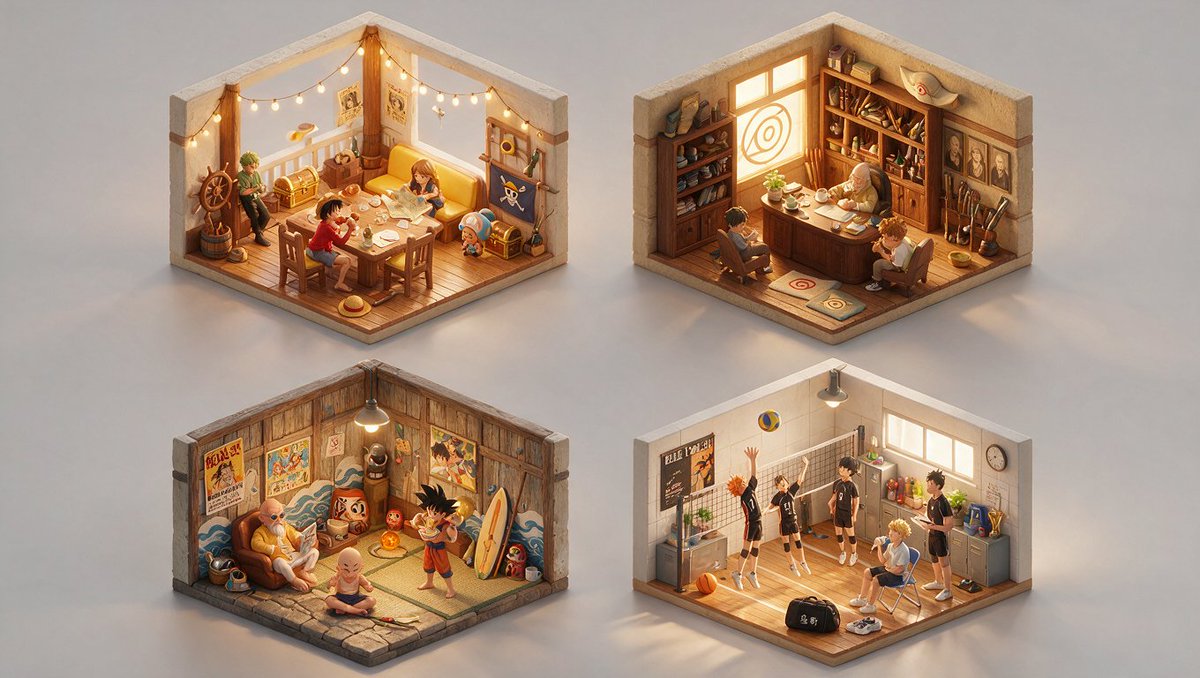 2×2网格，对4部著名漫画执行以下操作：RENDER_CHAIN = "[$INPUT_TOPIC :: iconic_interior :: isometric_cutaway_dioram...