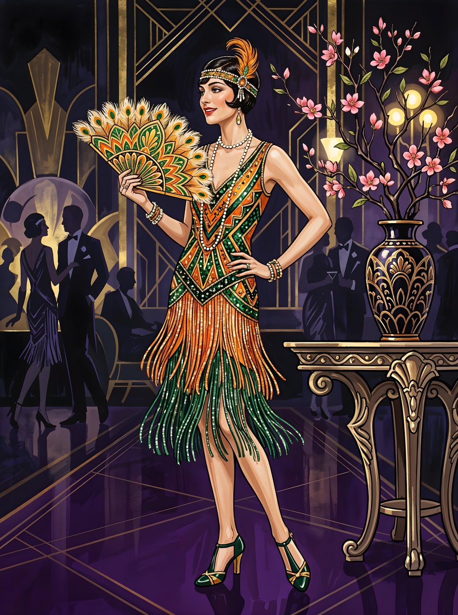 一幅全身插画，描绘了一位穿着鲜艳橙色和绿色 flapper 连衣裙的女士，手持一把装饰扇。她站在一张桌子旁，桌子上有一个花瓶和一根开花的枝条。背景为深色，地面是紫色的。风格让人联想到装饰艺术（...