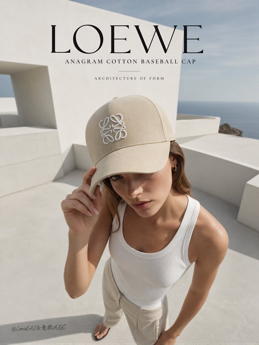 廉价的棒球帽，伪造的 Loewe 标志，刺绣错误，帽型结构扭曲，塑料感面料，杂乱的建筑，混乱的屋顶，拥挤的场景，面部细节不足，糟糕的人体结构，扭曲的手部，多余的手指，网红美学，浑浊的阴影，黑色...
