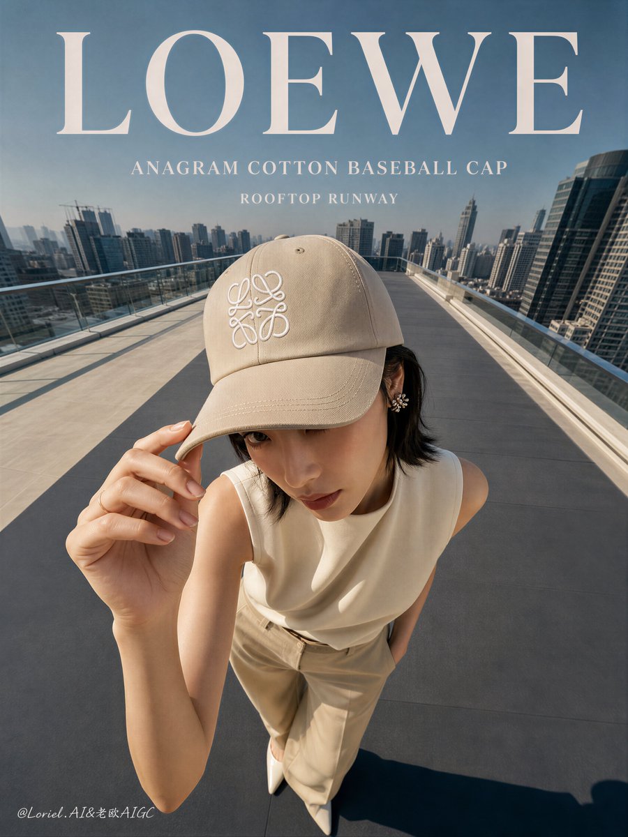 廉价的棒球帽，伪造的 Loewe 标志，刺绣错误，帽型结构扭曲，塑料感面料，杂乱的建筑，混乱的屋顶，拥挤的场景，面部细节不足，糟糕的人体结构，扭曲的手部，多余的手指，网红美学，浑浊的阴影，黑色...