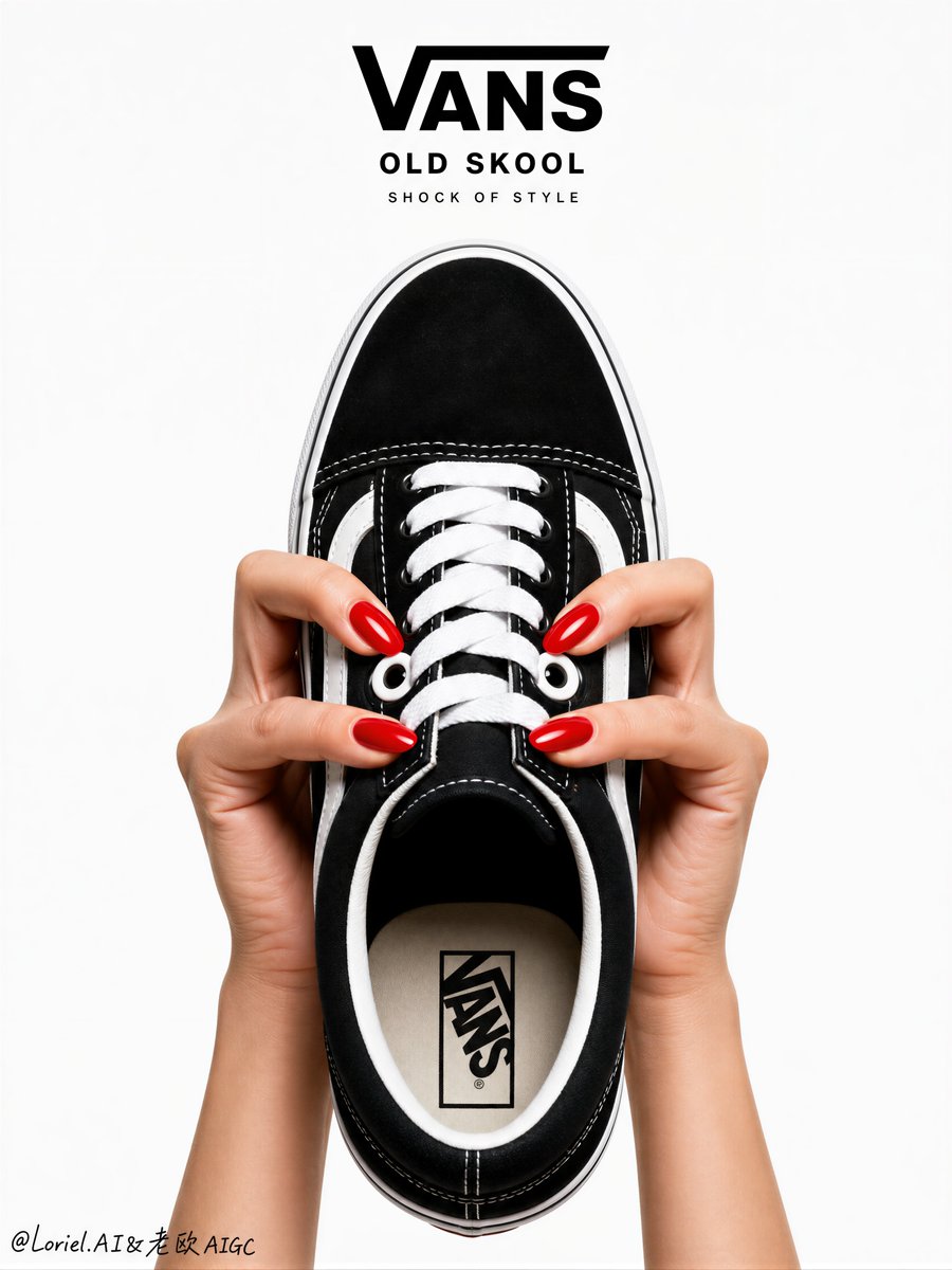 卡通脸，绘制的面部特征，伪造的 Vans 标志，不正确的 Old Skool 鞋型，扭曲的鞋子比例，多余的鞋子，杂乱的背景，堆满的道具，变形的手指，多余的手指，糟糕的人体结构，廉价的指甲油，塑...