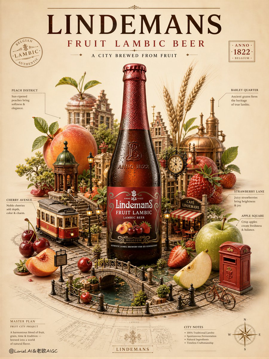 卡通啤酒广告，瓶子形状造假，林德曼（Lindemans）品牌标识错误，水果飞溅凌乱，配料随意点缀，构图杂乱拥挤，水果细节不足，食材看起来像塑料，插图幼稚化，道具混乱，阴影浑浊发闷，黑色斑块污渍...