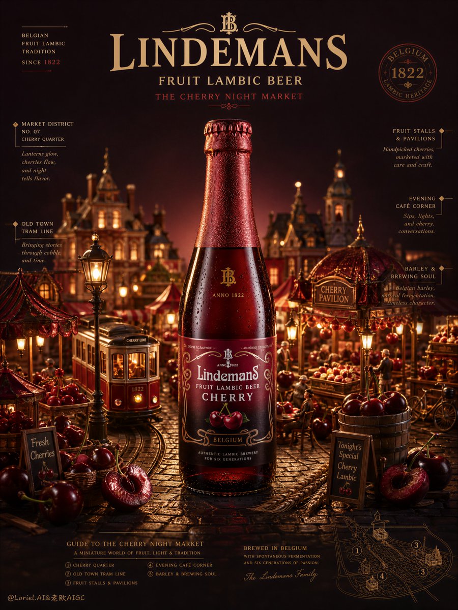 卡通啤酒广告，瓶子形状造假，林德曼（Lindemans）品牌标识错误，水果飞溅凌乱，配料随意点缀，构图杂乱拥挤，水果细节不足，食材看起来像塑料，插图幼稚化，道具混乱，阴影浑浊发闷，黑色斑块污渍...