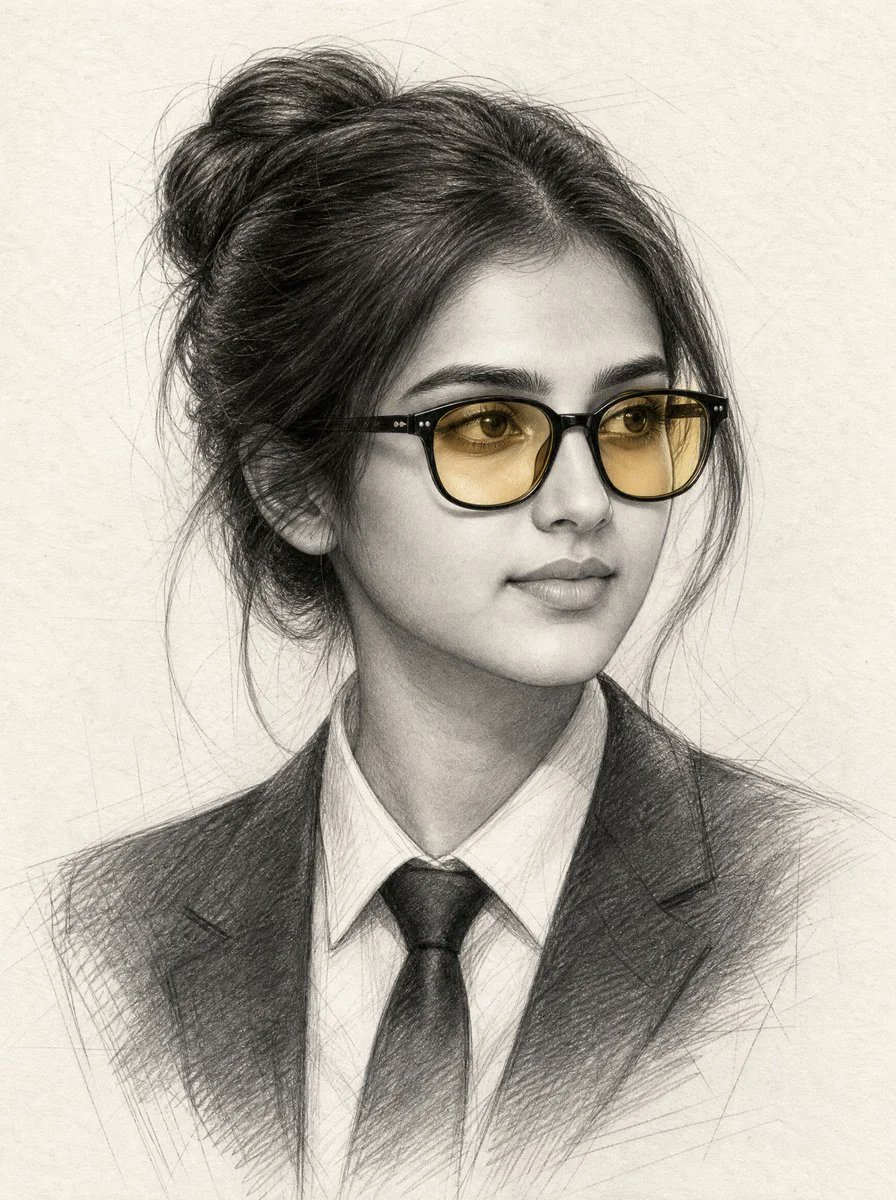 超写实石墨铅笔素描肖像，画中是一位美丽的南亚女性，肤色白皙，琥珀棕色的双眸藏于黑色醋酸纤维眼镜之后，镜片泛着温暖的琥珀色调，优雅随性的发髻，在米色画纸上以细腻的交叉排线绘制而成，黑白艺术中点缀...