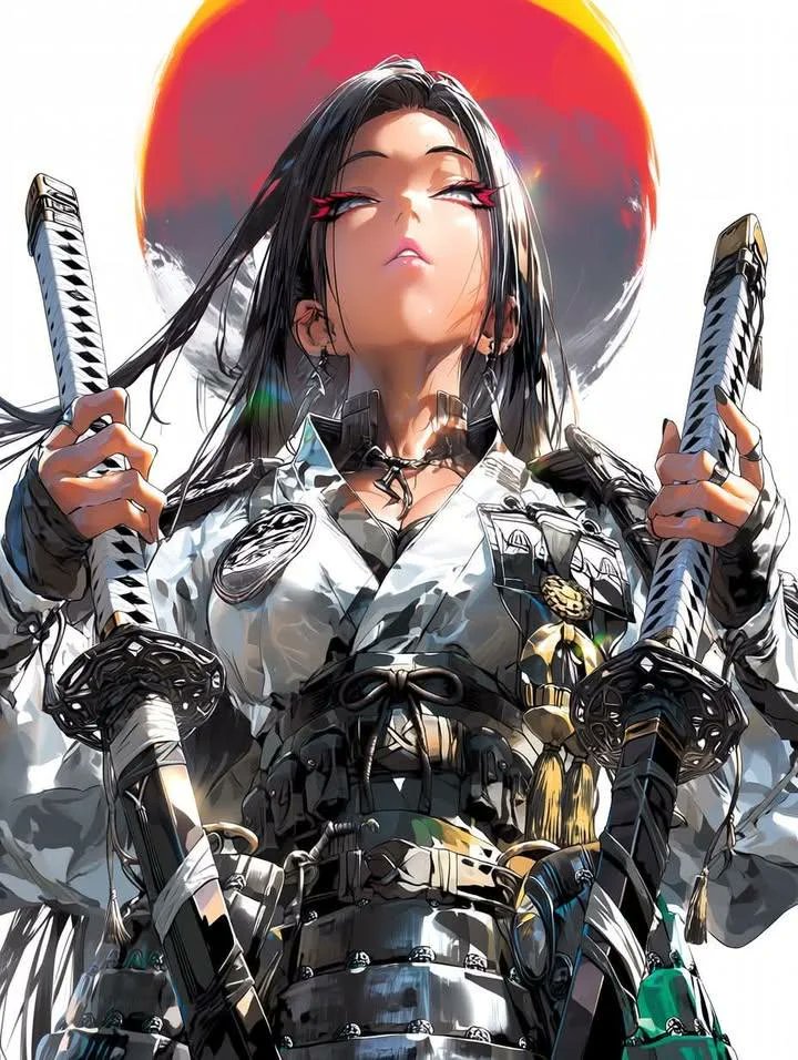 杰作、最佳画质、超精细动漫插画，凶猛的女武士战士，低角度英雄肖像，居中构图，锐利红色眼线勾勒的明亮有神眼睛，皮肤苍白，长白发或黑发，发丝飘逸且配有华丽发饰，身着高度精细的未来风格封建日本铠甲，...