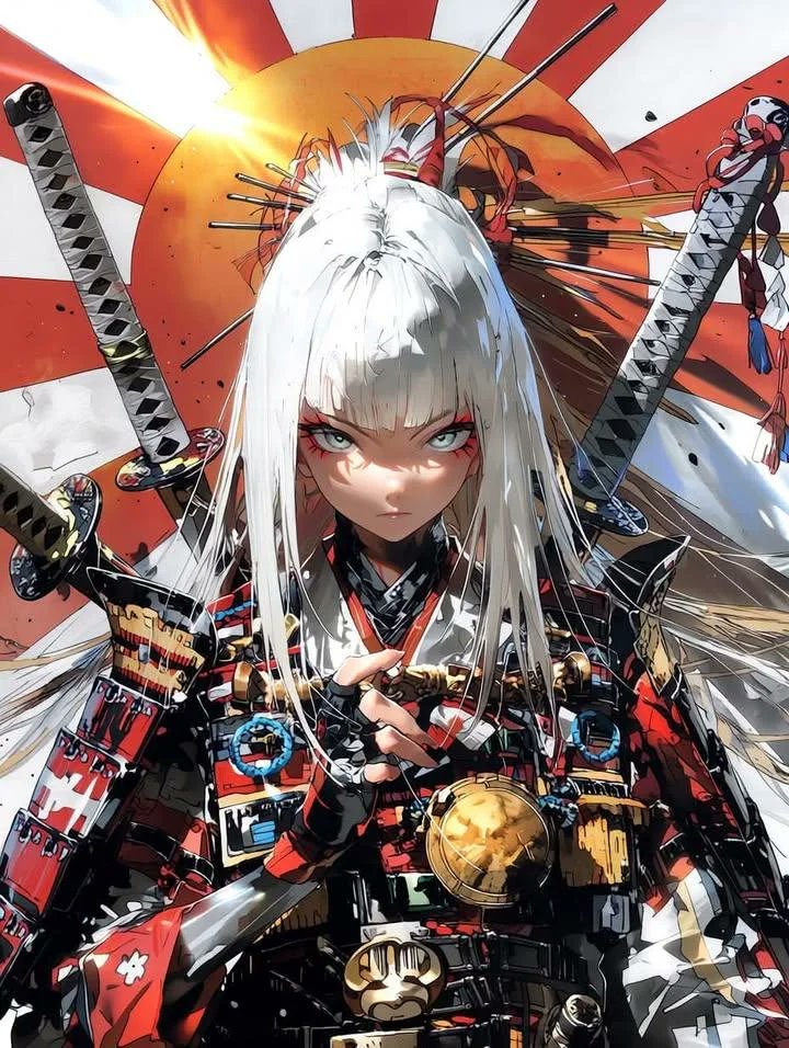 杰作、最佳画质、超精细动漫插画，凶猛的女武士战士，低角度英雄肖像，居中构图，锐利红色眼线勾勒的明亮有神眼睛，皮肤苍白，长白发或黑发，发丝飘逸且配有华丽发饰，身着高度精细的未来风格封建日本铠甲，...