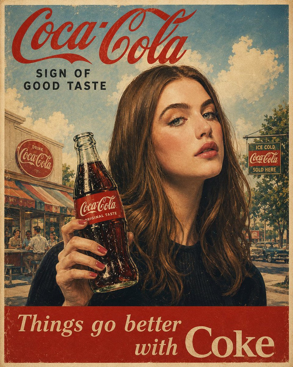 原汁原味的1960年代美国广告海报，[COCA COLA]，复古中世纪商业插画，[woman]手持一罐冰爽的玻璃瓶装[COCA COLA]，明快乐观的生活方式场景，怀旧的美式风情氛围，大胆的[...