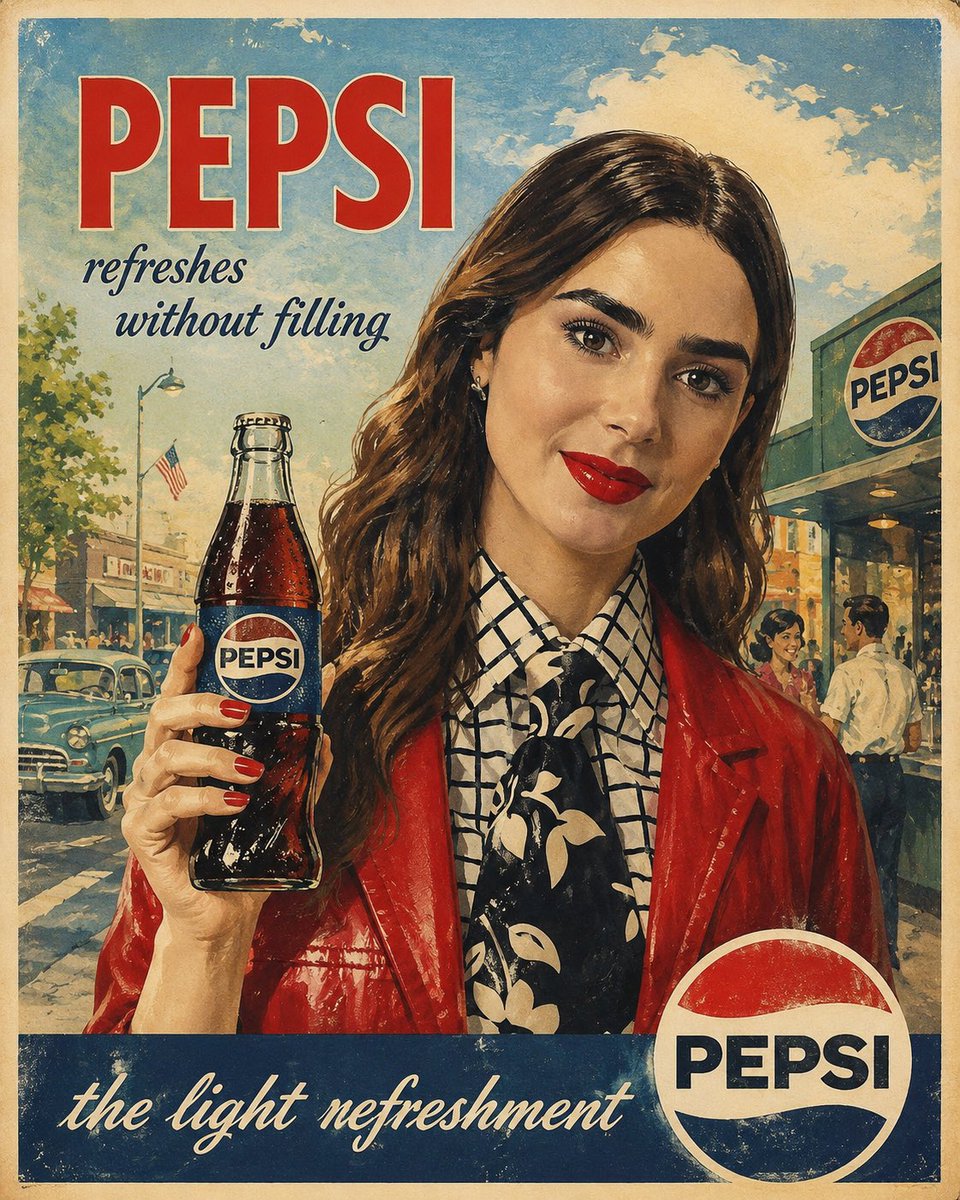 原汁原味的1960年代美国广告海报，[COCA COLA]，复古中世纪商业插画，[woman]手持一罐冰爽的玻璃瓶装[COCA COLA]，明快乐观的生活方式场景，怀旧的美式风情氛围，大胆的[...
