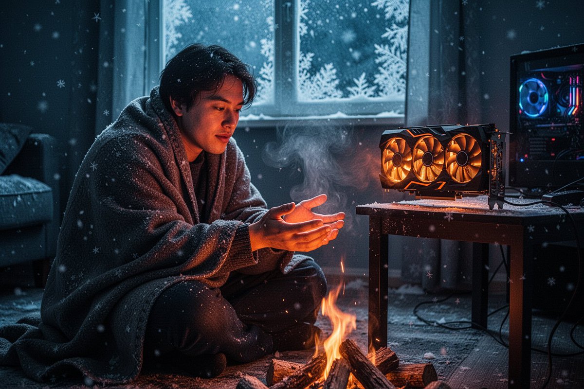 夜晚，在一间寒冷漆黑的公寓里，一个人坐在地板上裹着毯子，将伸出的双手伸向桌上的一张发光的消费级显卡借取温暖，如同围坐在篝火旁一般——这块三风扇的GPU没有品牌标志，正散发出温暖的橙色热量和光芒...