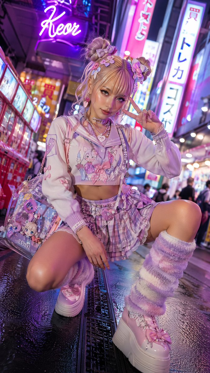 超写实时尚大片：在东京秋叶原地区拍摄的自信成年女性特写肖像，身着淡紫色、粉色和白色的高端原宿Decora和Fairy Kei时尚服饰。金色双丸子空间发髻搭配淡色高光，完美迷人妆容，亮泽双唇，闪...