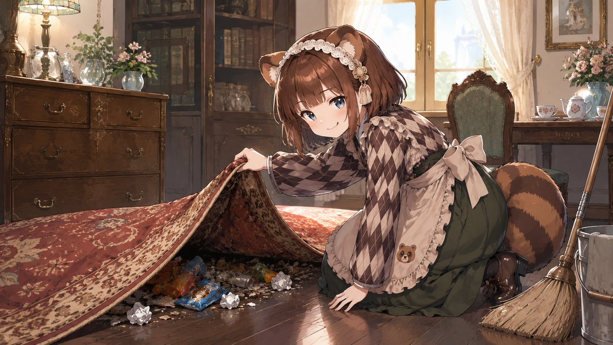 豪華なドレスを着たたぬきちゃんが、虫眼鏡を持って困惑しながらPC画面を覗き込んでいるアニメ調のイラスト（16:9） * Negative Prompt: (worst quality, low...