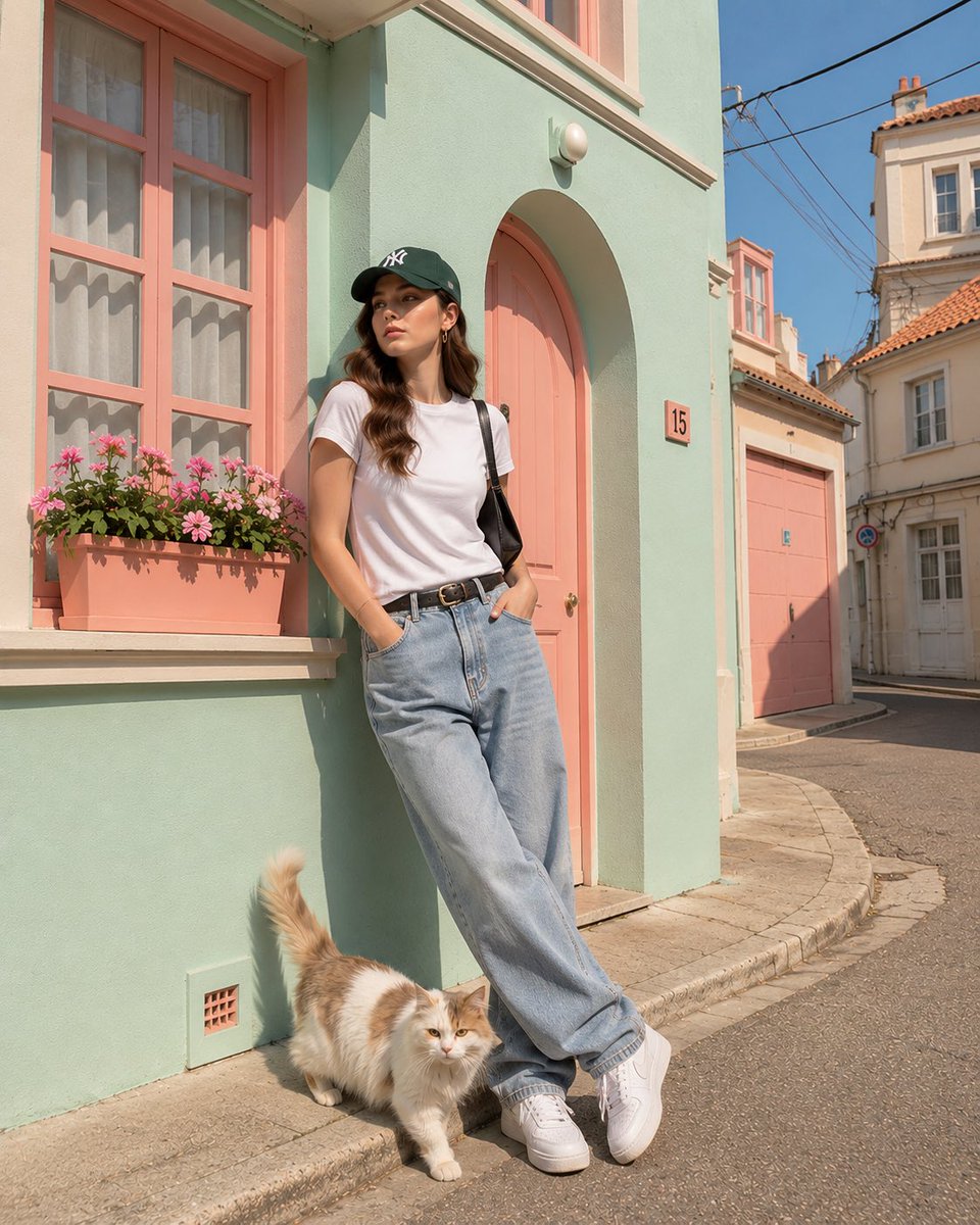 一张俏皮的粉彩色编辑风格街头摄影照片，画面中是[HUMAN]穿着[CLOTHING]，与[ANIMAL]在[HOUSE]前摆姿势，背景设定在[SCENERY]中。使用[COLOR PALETT...