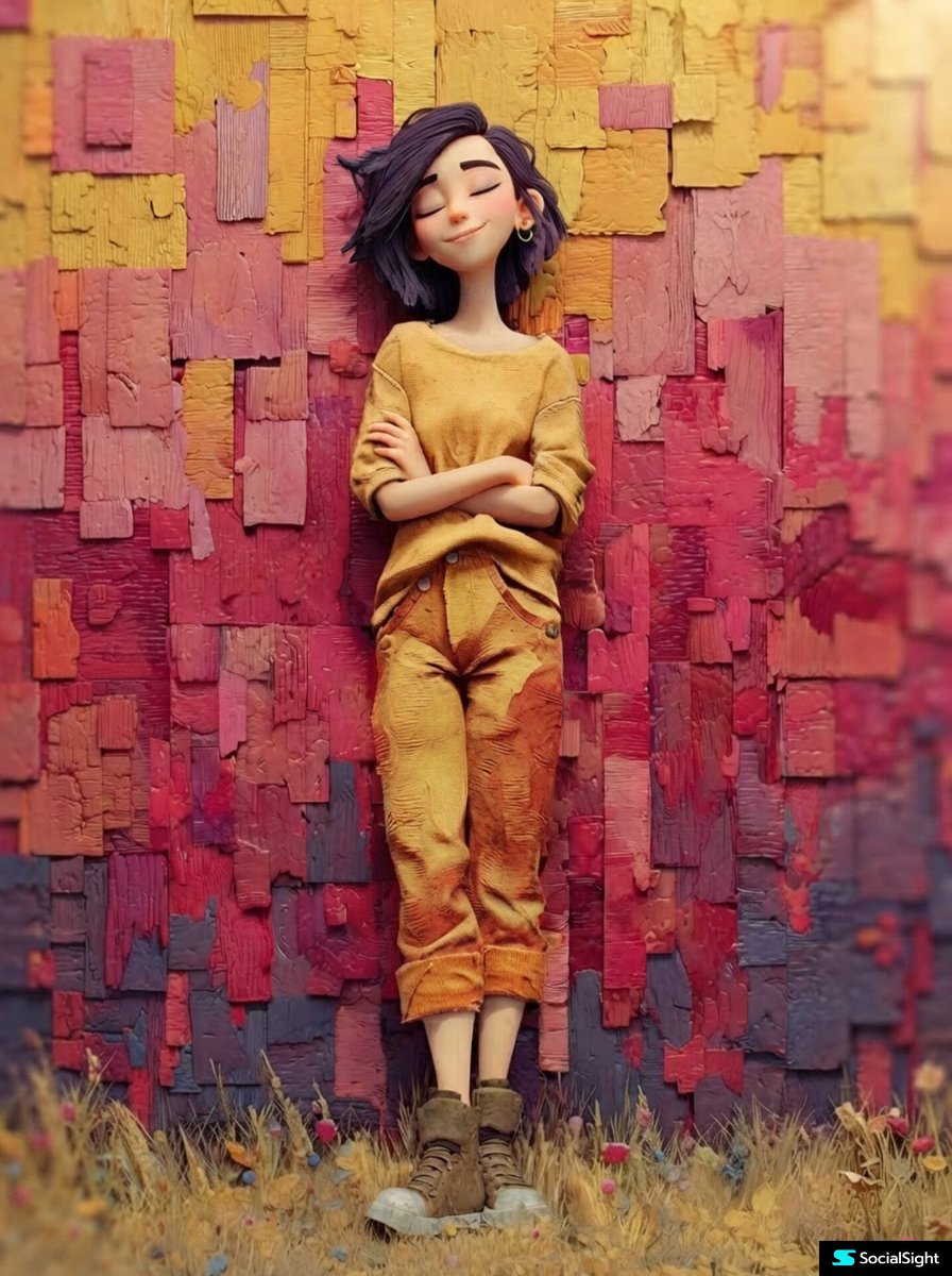 1.. 一位风格化的 3D 动画年轻女性，倚靠在一面由分层开裂漆面面板构成的纹理抽象墙前，墙面色调为温暖的渐变色——黄色、珊瑚色、粉色、红色与柔和的紫色。 她留着微乱的短波浪深色头发，双眼微闭...