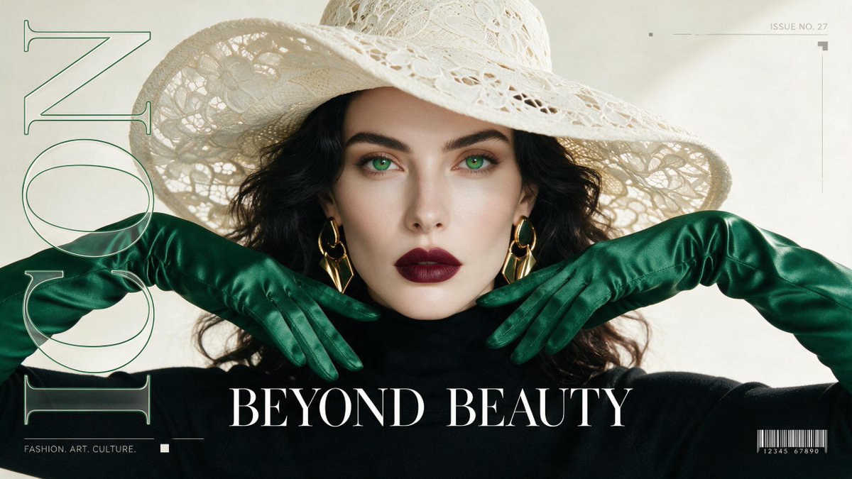 超写实高级时装编辑杂志封面，一位惊艳的女性模特，拥有完美无瑕的瓷白肌肤、锐利的祖母绿眼睛与哑光酒红唇妆。她佩戴着一顶超大象牙白雕塑感帽饰、一件修身黑色高领衫、一对超大几何造型金色耳环，以及优雅...