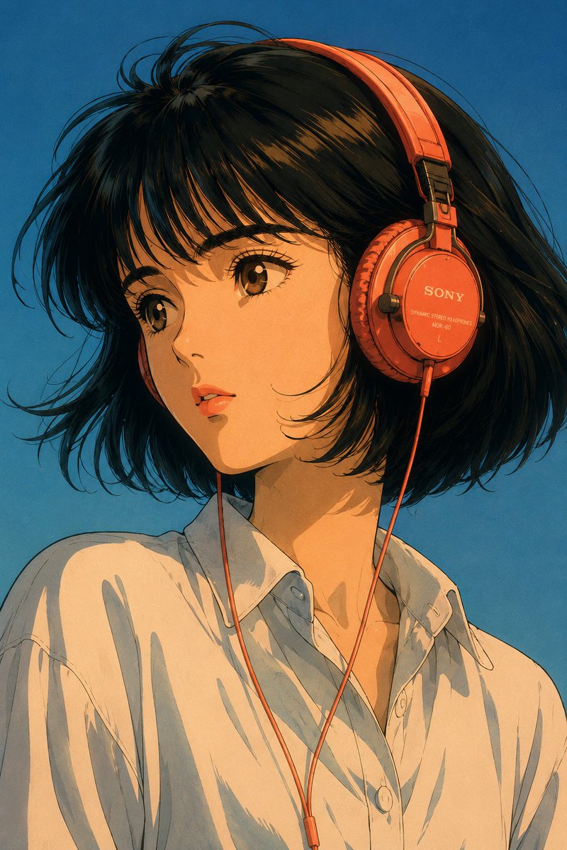 创作一幅超精细的复古日式动漫肖像，灵感源自经典的1980年代赛璐璐动画与城市流行（city-pop）美学。描绘一位年轻女性：瓷白肌肤，富有表现力的暖棕色动漫眼睛，短而蓬松的黑色波波头搭配轻盈碎...