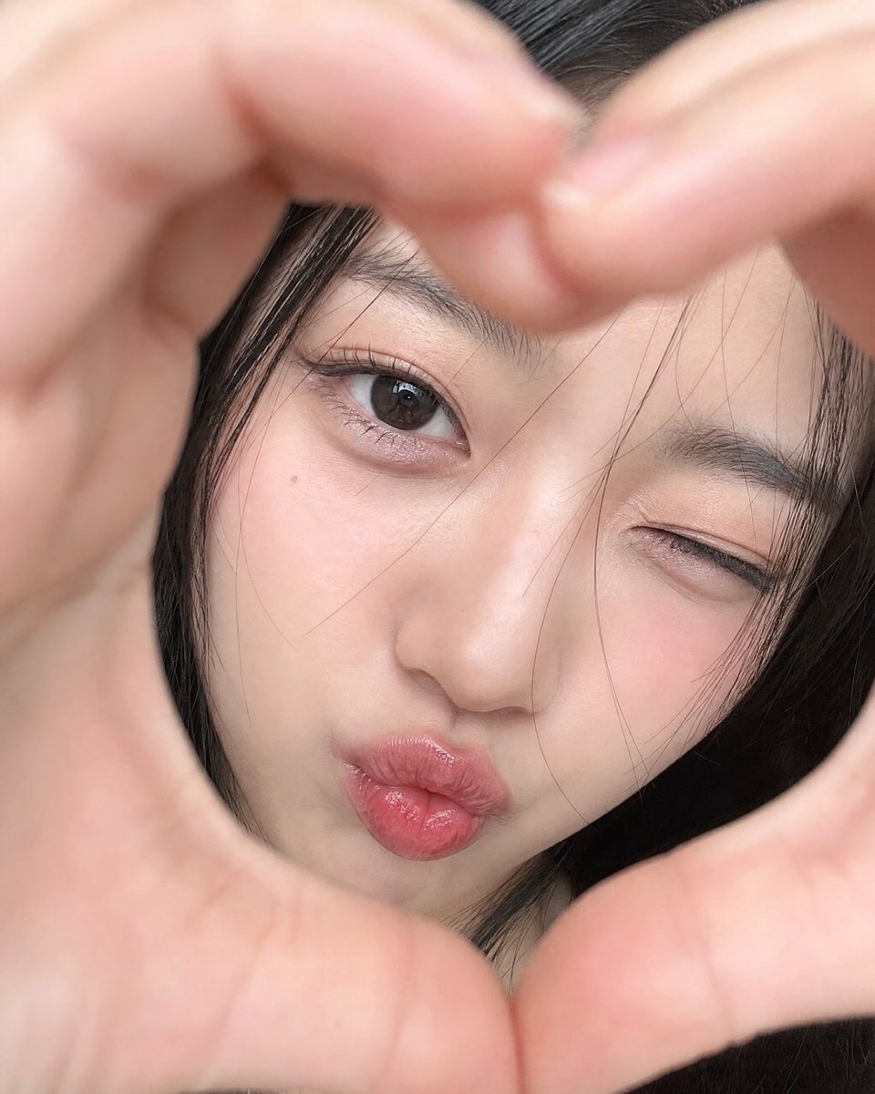 照片写实风格，柔和俏皮的 selfie 自拍，胶片般的柔润感, 成年东亚女性, 柔和、漫射、均匀, 极致特写，面部充满画面, 正面直视, 极浅景深, 对焦在睁开的眼睛和嘴唇, 不可见, 4:5...