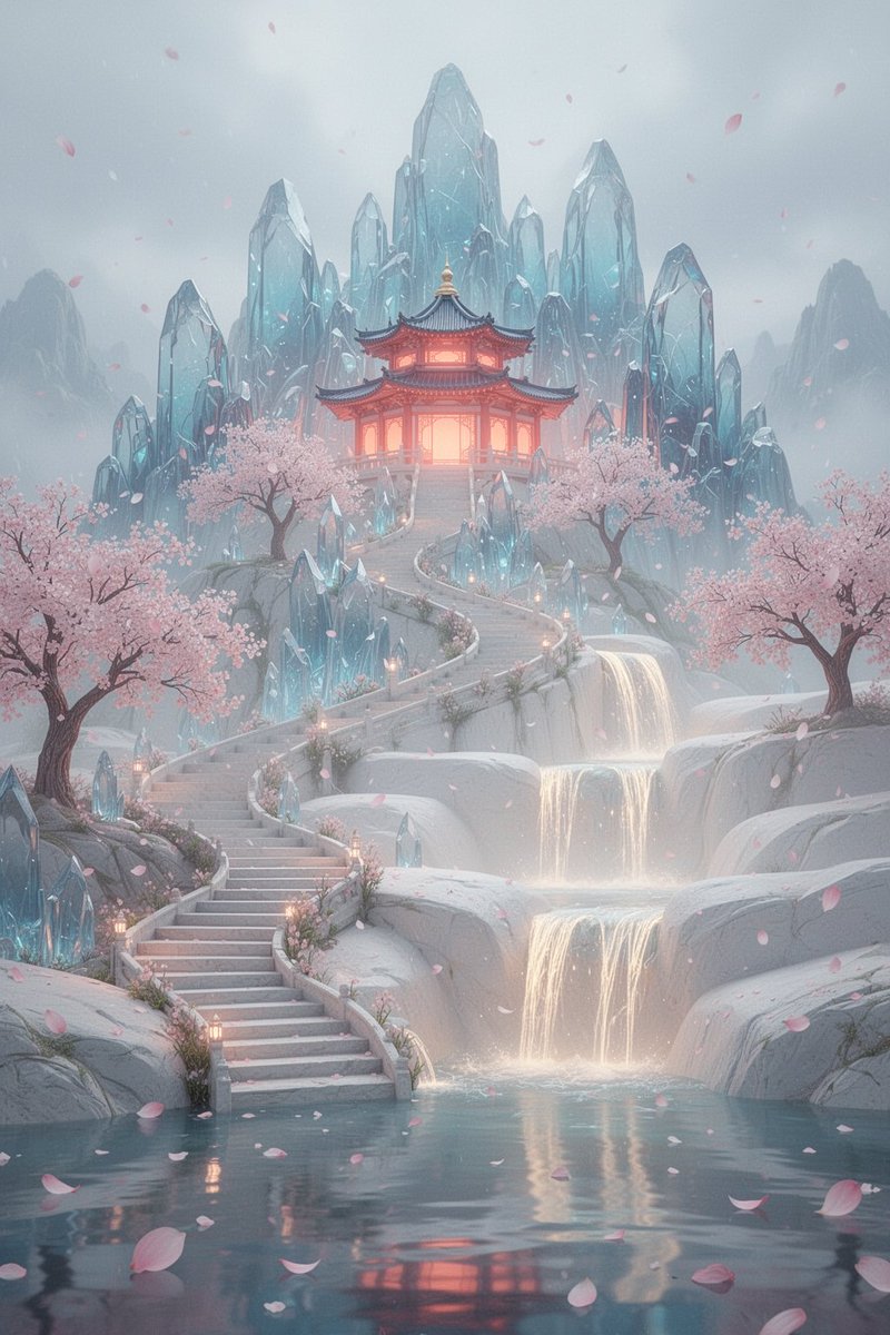 梦幻柔和粉彩的奇幻风景，竖构图。一座散发着光芒的东亚宝塔式庙宇，窗户透出温暖的珊瑚色灯光，半腰坐落于一片高耸的冰蓝色水晶山峰之间。柔和的粉色盛开樱花树沿着蜿蜒的石阶排列，石阶从前景一路攀升至庙...